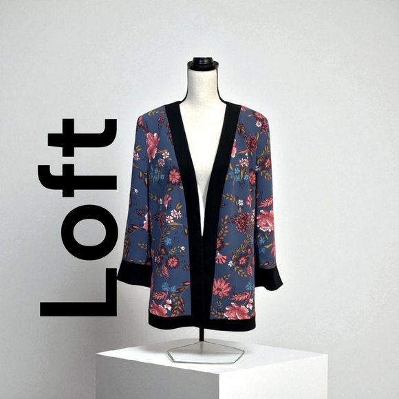 LOFT Kimono Jacket Black Red Blue Floral Size L Open Front - Picture 1 of 12